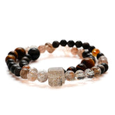 Triple crystal bracelet with Tiger Eye, Obsidian, and Rutilated Quartz beads